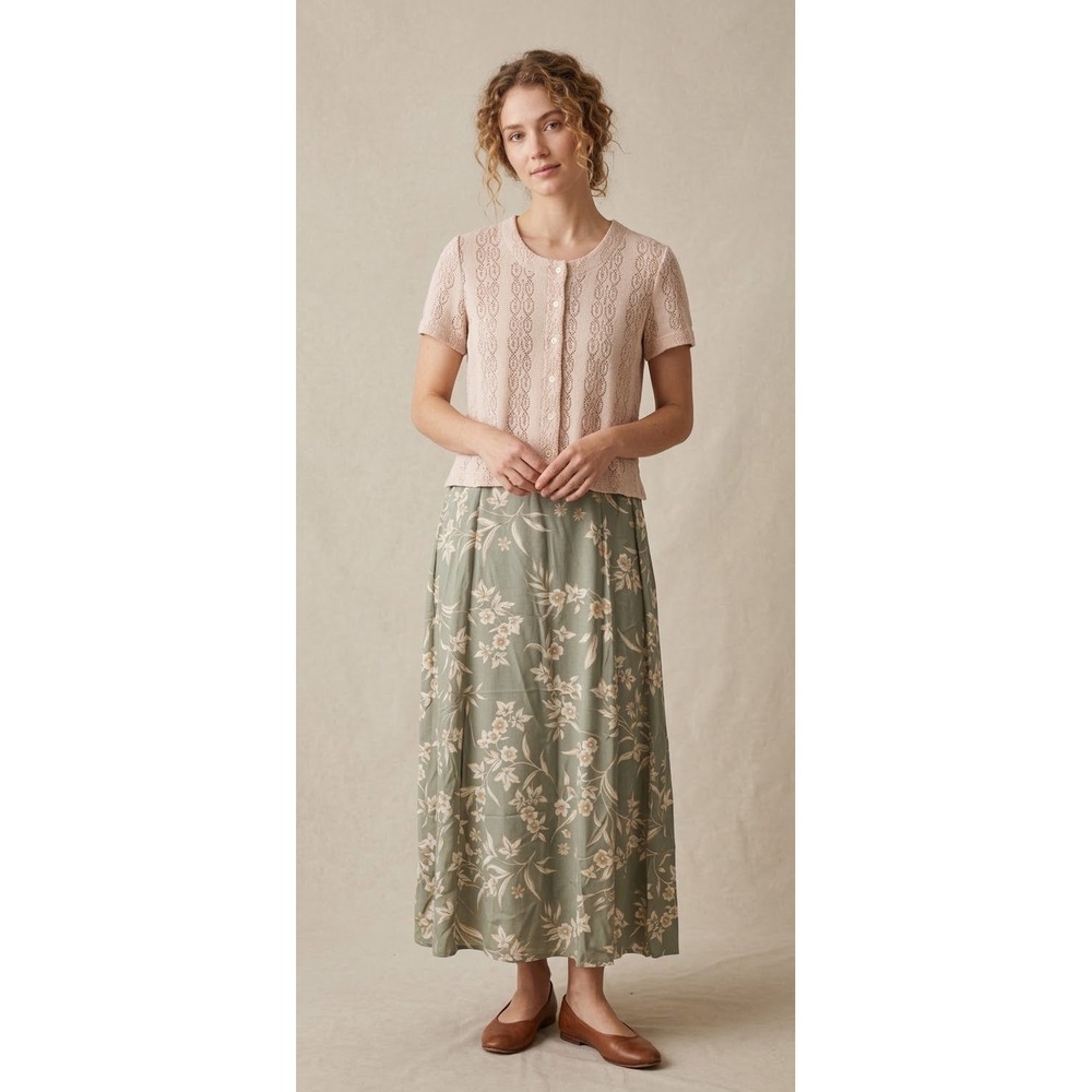 Vintage 90s Kathie Lee 2pc Dress Set 6 Green Floral Maxi Pointelle Cardigan